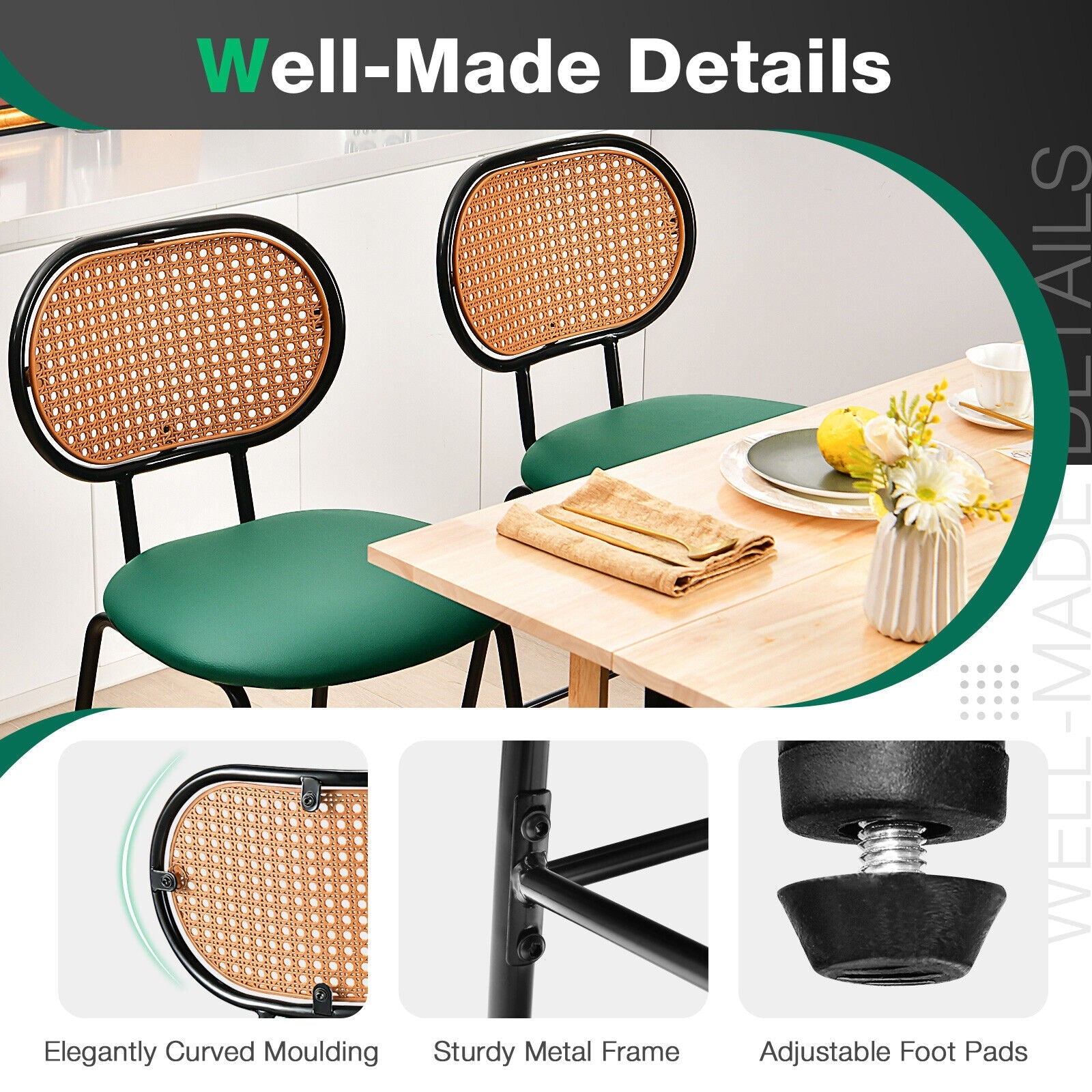 29.5 Inch Modern Faux Leather Bar Stools with Imitation Rattan Woven Backrest