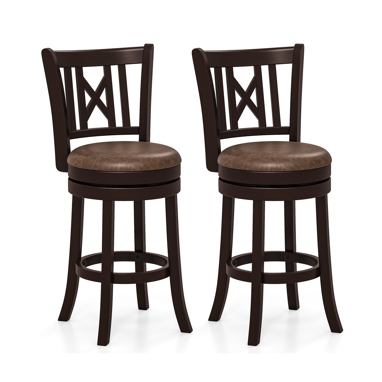 Set of 2 Bar Stools Swivel Bar Chairs with Footrest and Hollowed Backrest