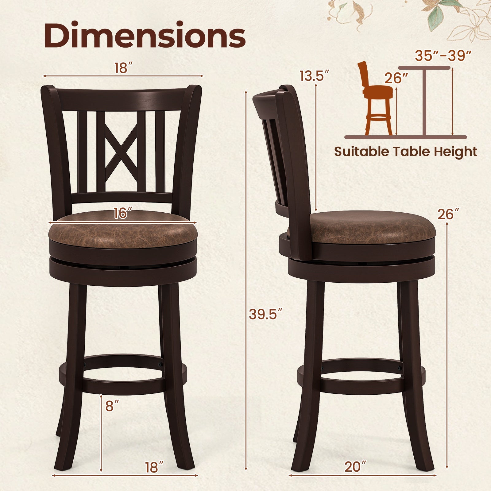 Set of 2 Bar Stools Swivel Bar Chairs with Footrest and Hollowed Backrest