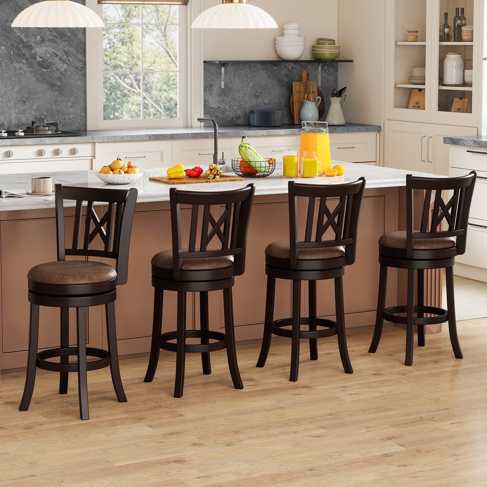 Set of 2 Bar Stools Swivel Bar Chairs with Footrest and Hollowed Backrest