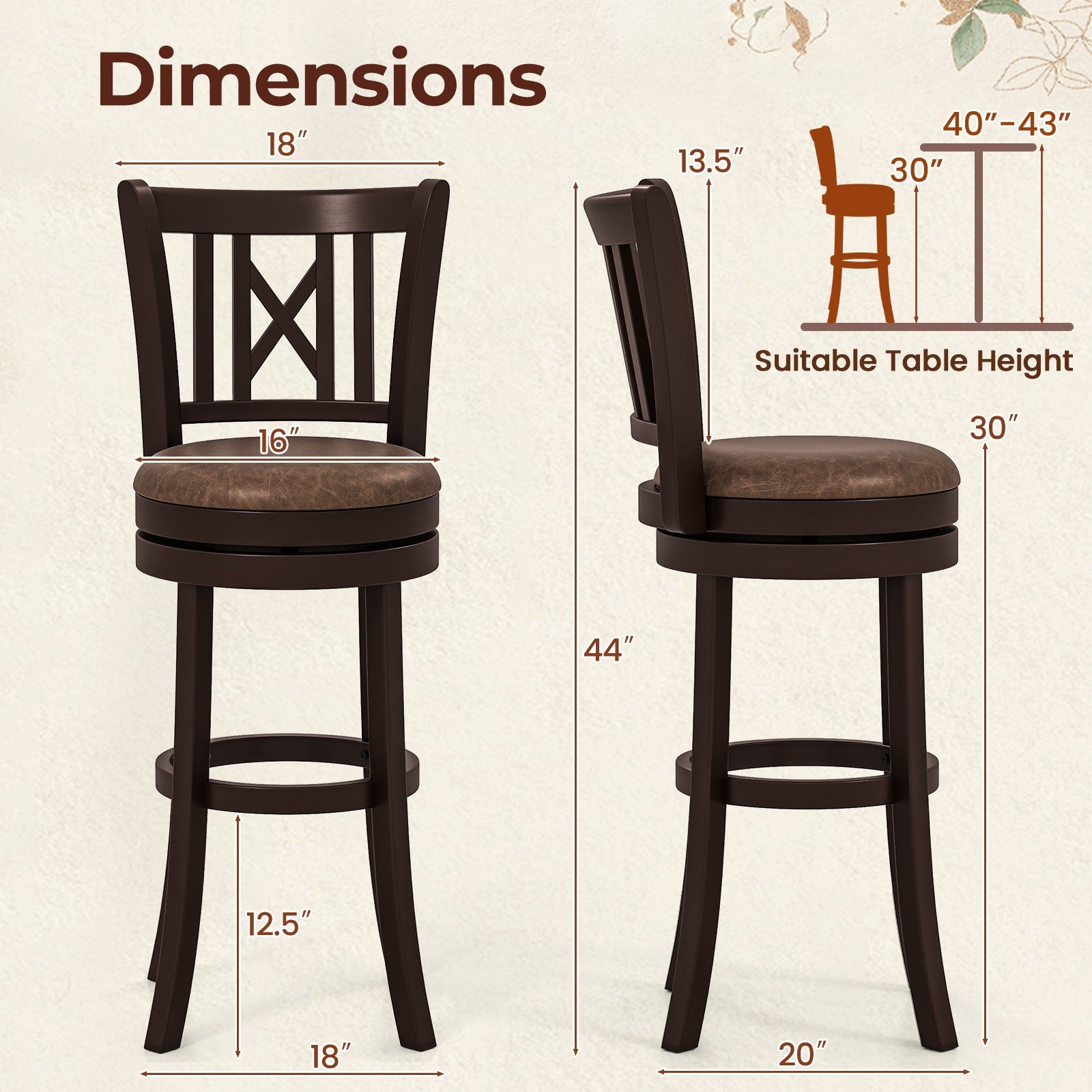 Set of 2 Bar Stools Swivel Bar Chairs with Footrest and Hollowed Backrest