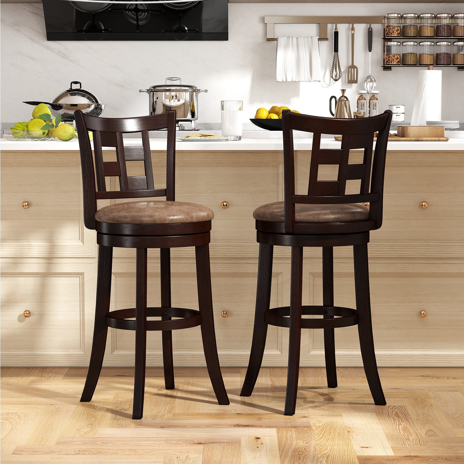 Set of 2 Bar Stools Swivel Bar Chairs with Footrest and Lattice Backrest