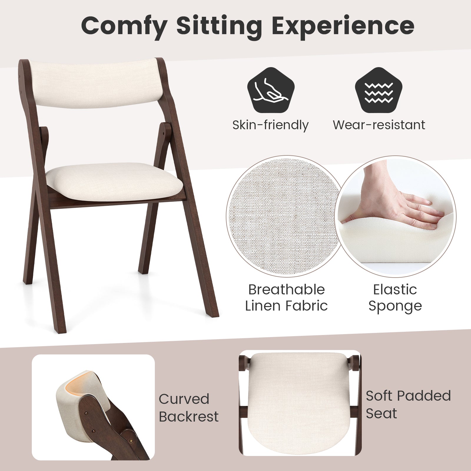 Set of 2 Folding Chairs with Comfy Padded Backrest and Seat-Brown