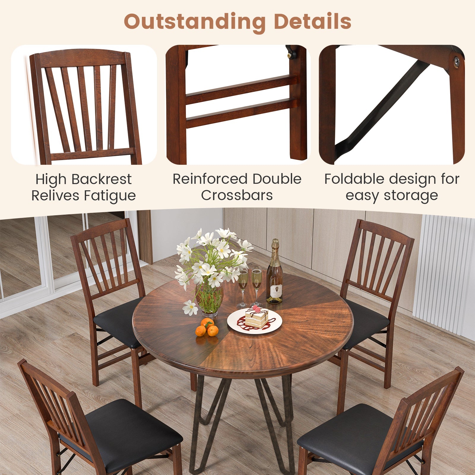 Set of 2 Folding Chairs with Padded Seat and Rubber Wood Frame-Brown