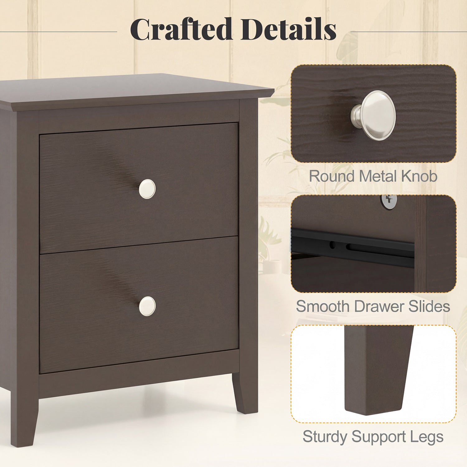 Set of 2 Modern Nightstand with two Drawers for Small Spaces-Rustic Brown