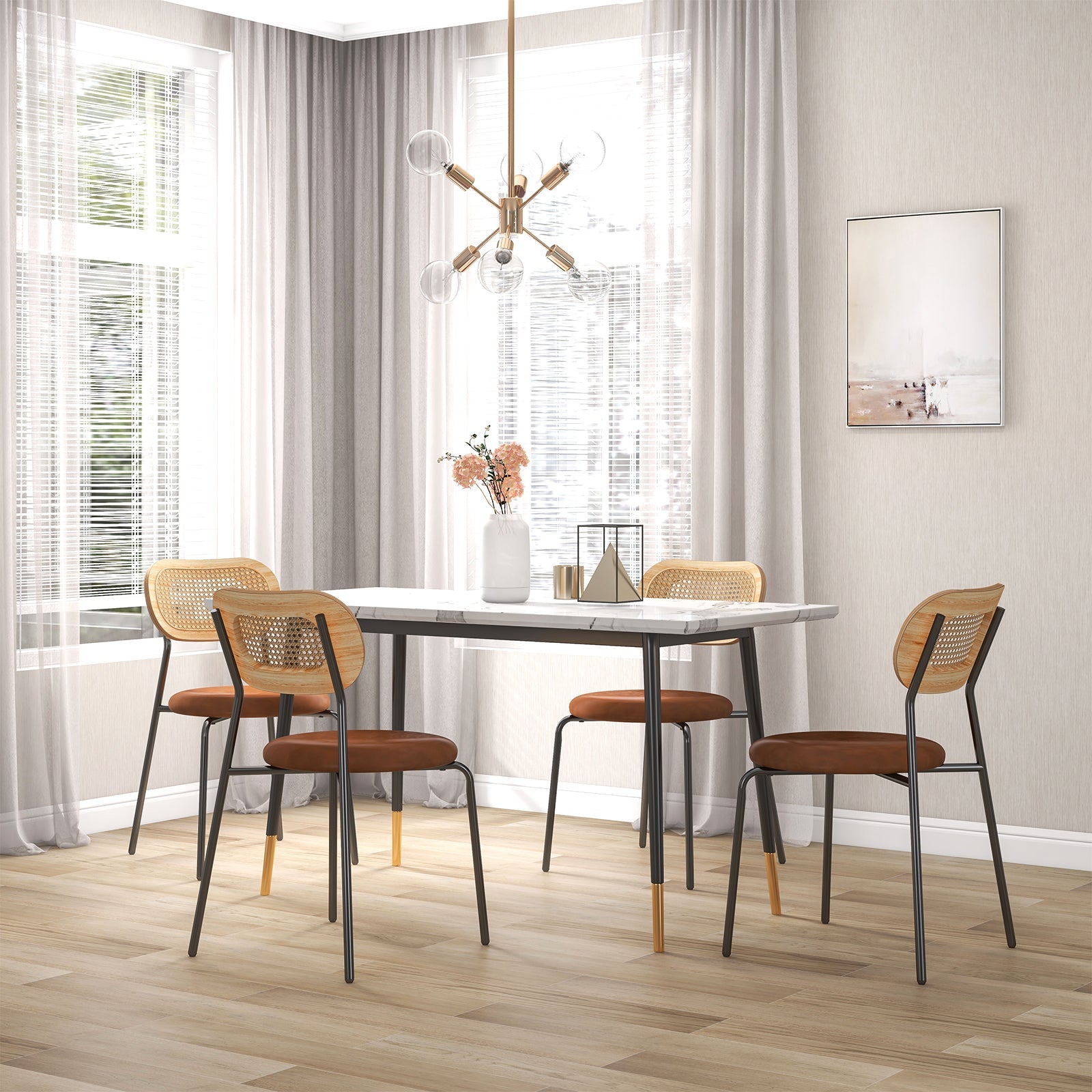 Set of 2 Rattan Dining Chair with Metal Legs