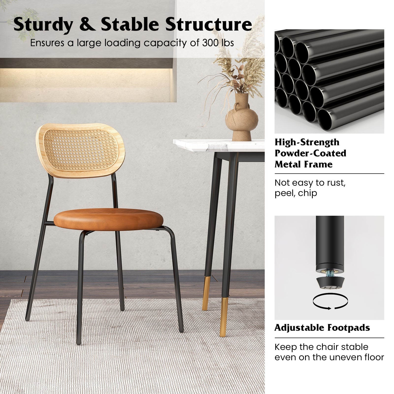 Set of 2 Rattan Dining Chair with Metal Legs