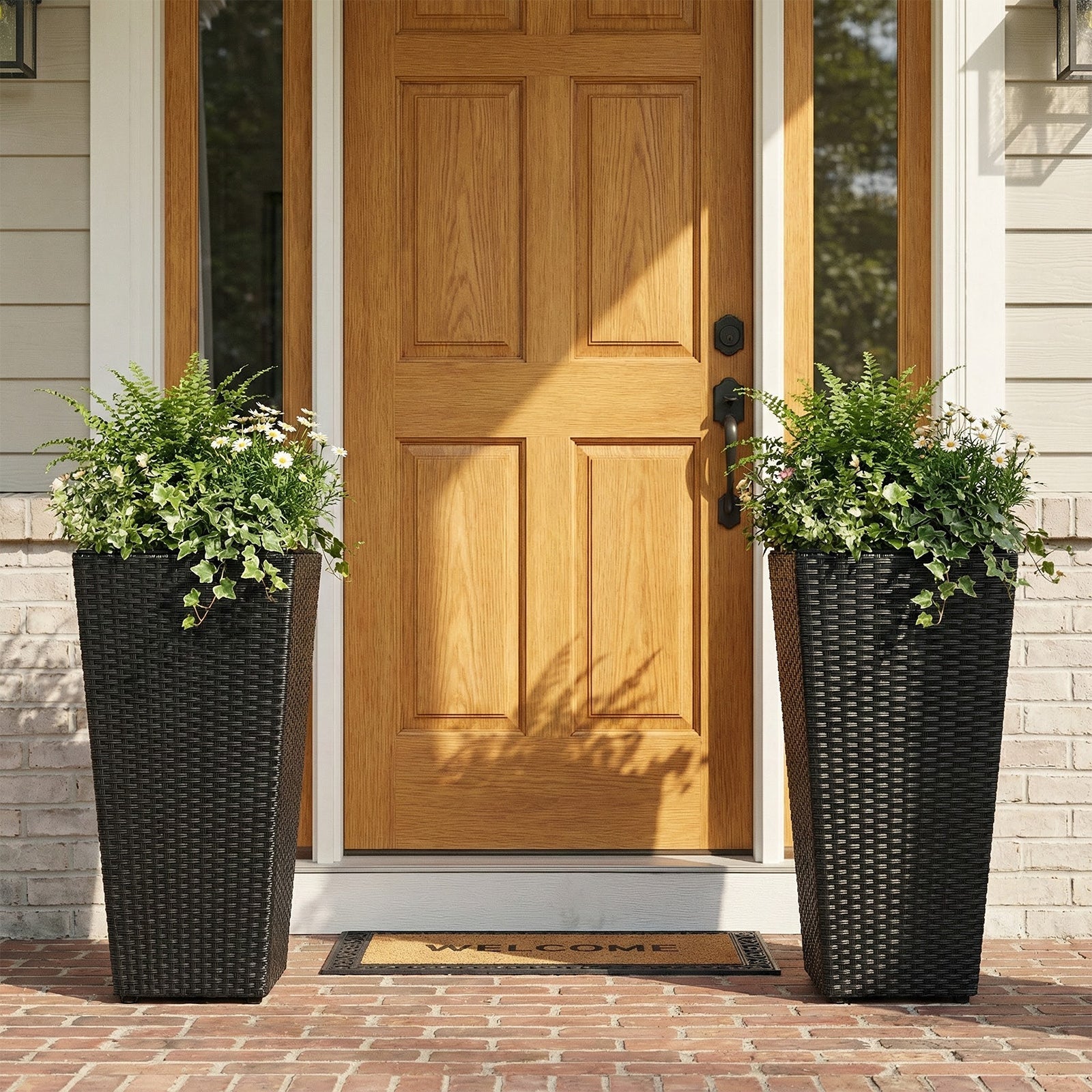 Set of 2 Rattan Tall Plant Pots with Detachable Plastic Liners-Black