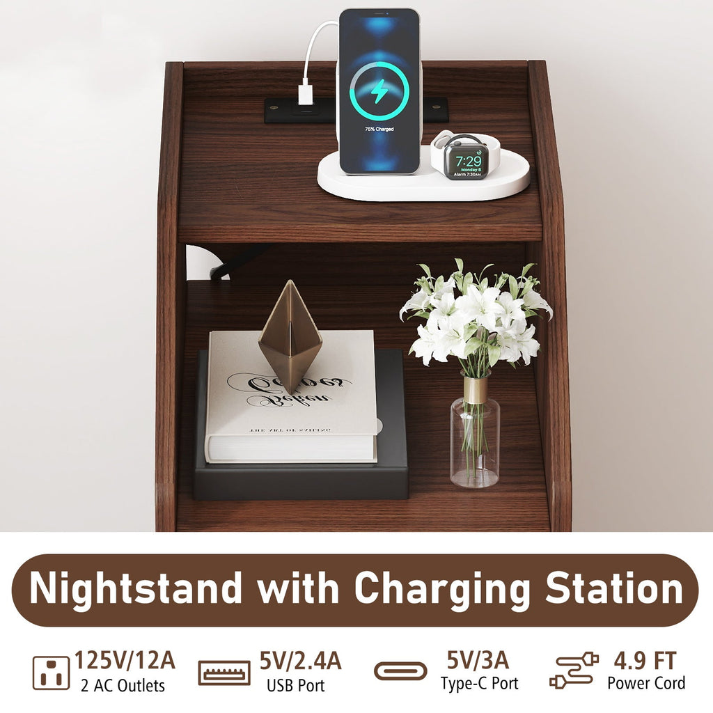 Set of 2 Side End Tables with Charging Station Sofa Couch Tables with Shelf Drawers