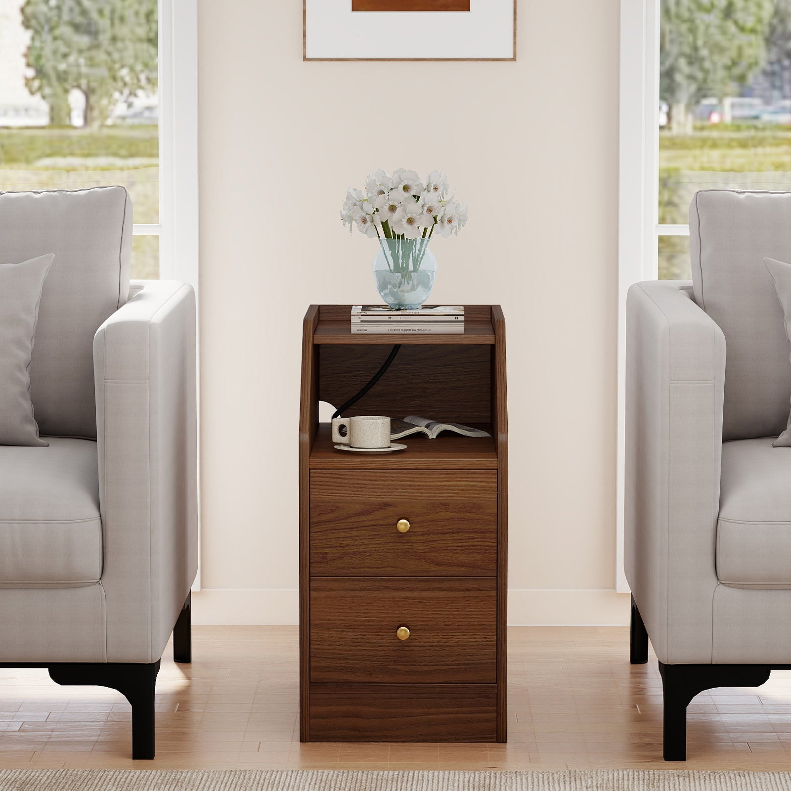 Set of 2 Side End Tables with Charging Station Sofa Couch Tables with Shelf Drawers