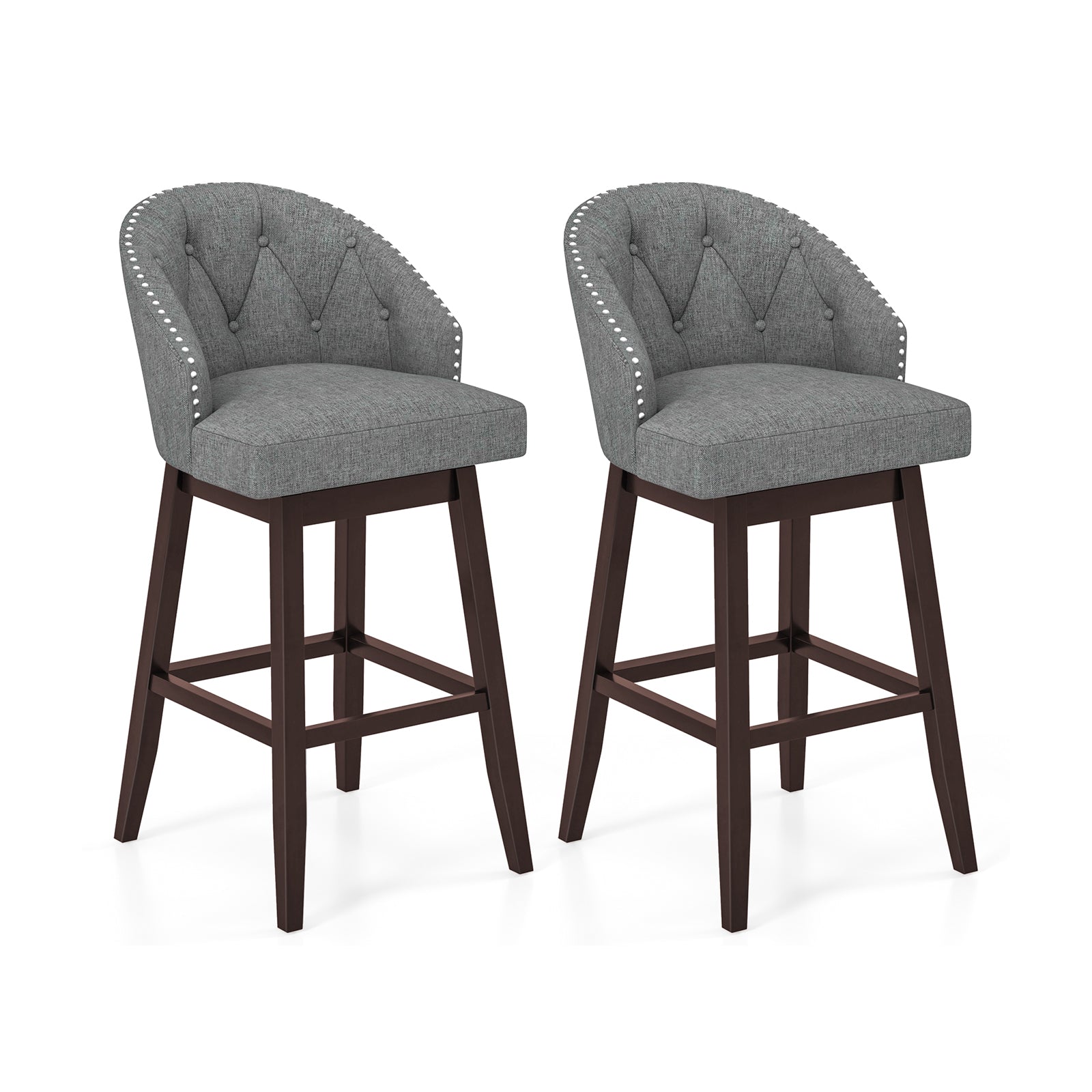 Set of 2 Swivel Bar Stools with Rubber Wood Legs and Padded Back