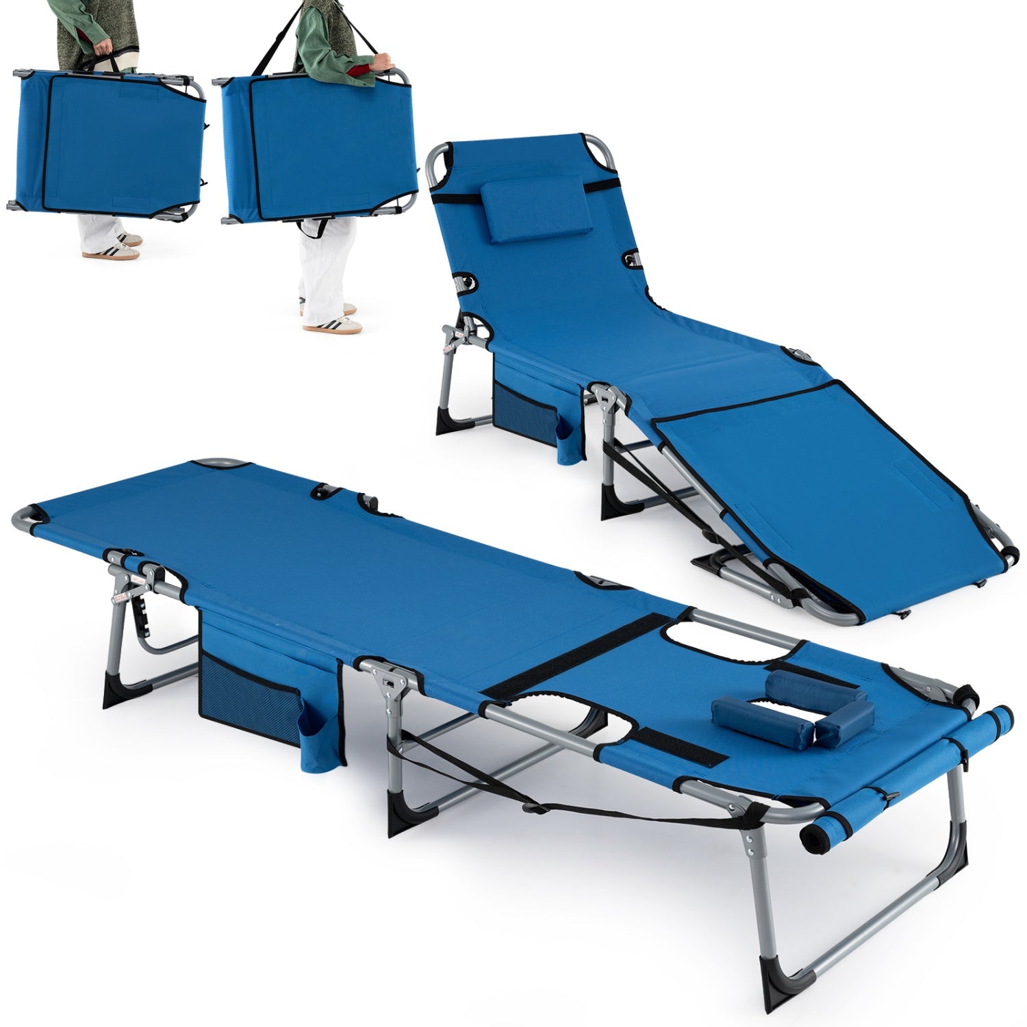 Set of 2 Tanning Chairs with Face Arm Holes Portable with 4-Level Backrest