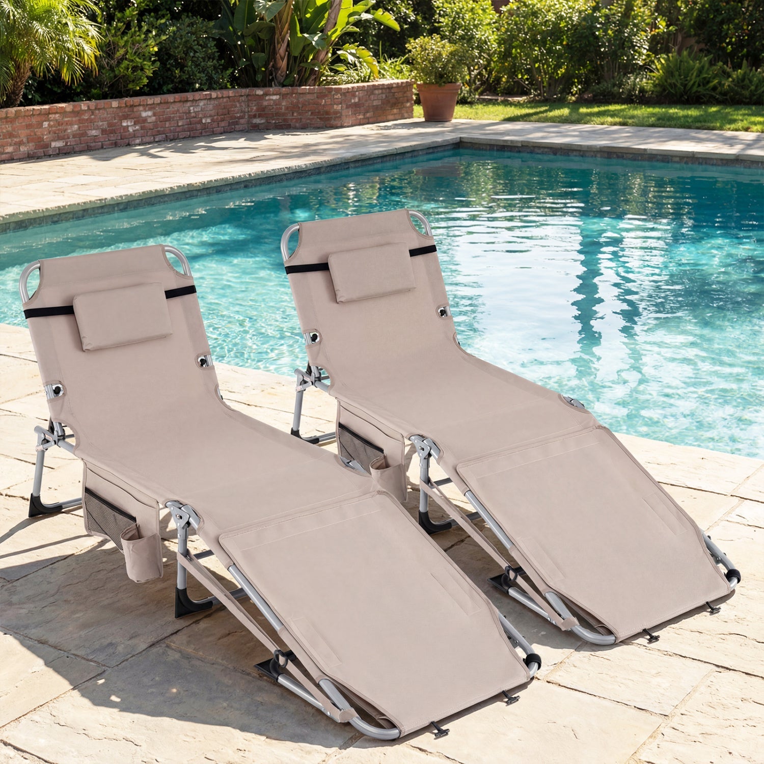 Set of 2 Tanning Chairs with Face Arm Holes Portable with 4-Level Backrest