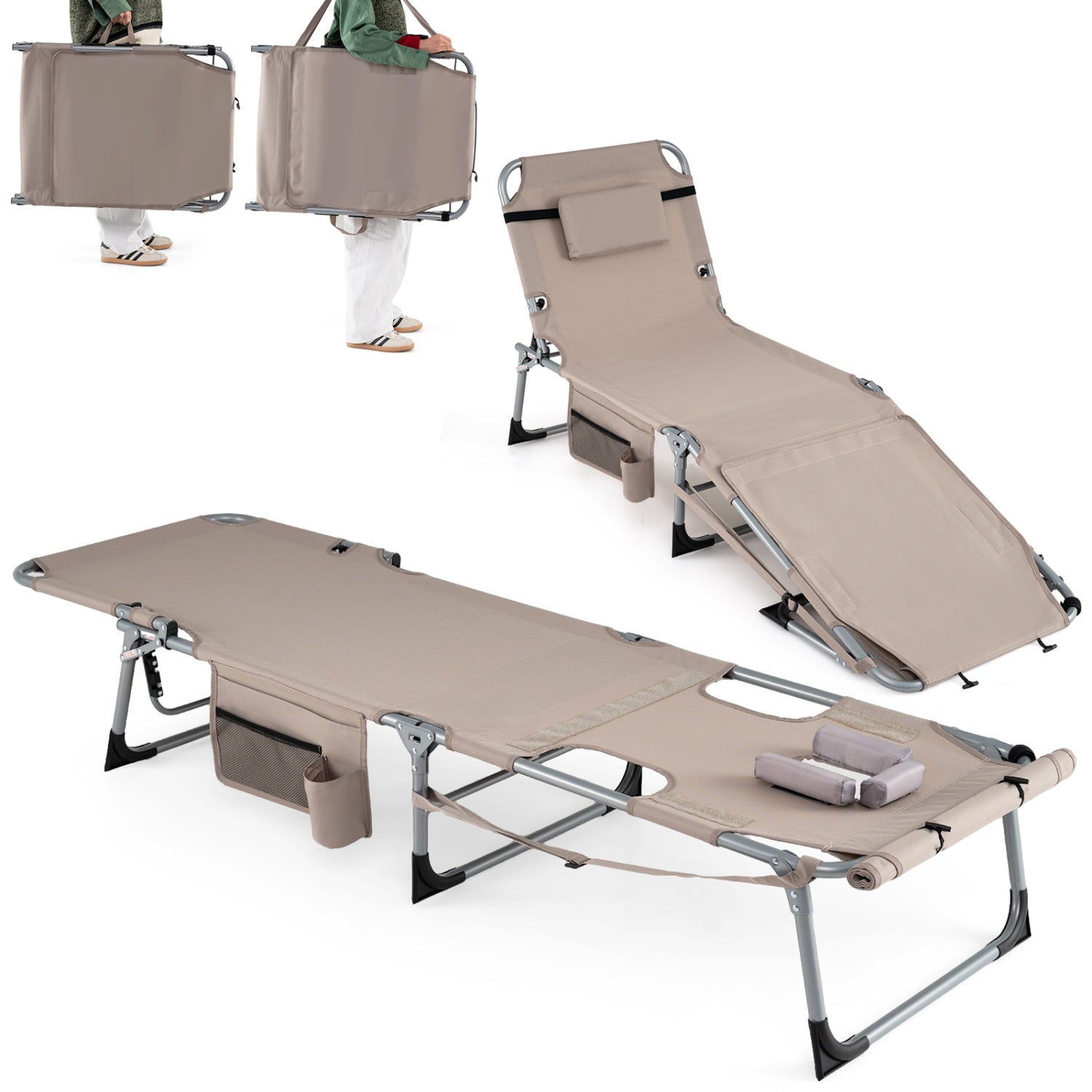 Set of 2 Tanning Chairs with Face Arm Holes Portable with 4-Level Backrest