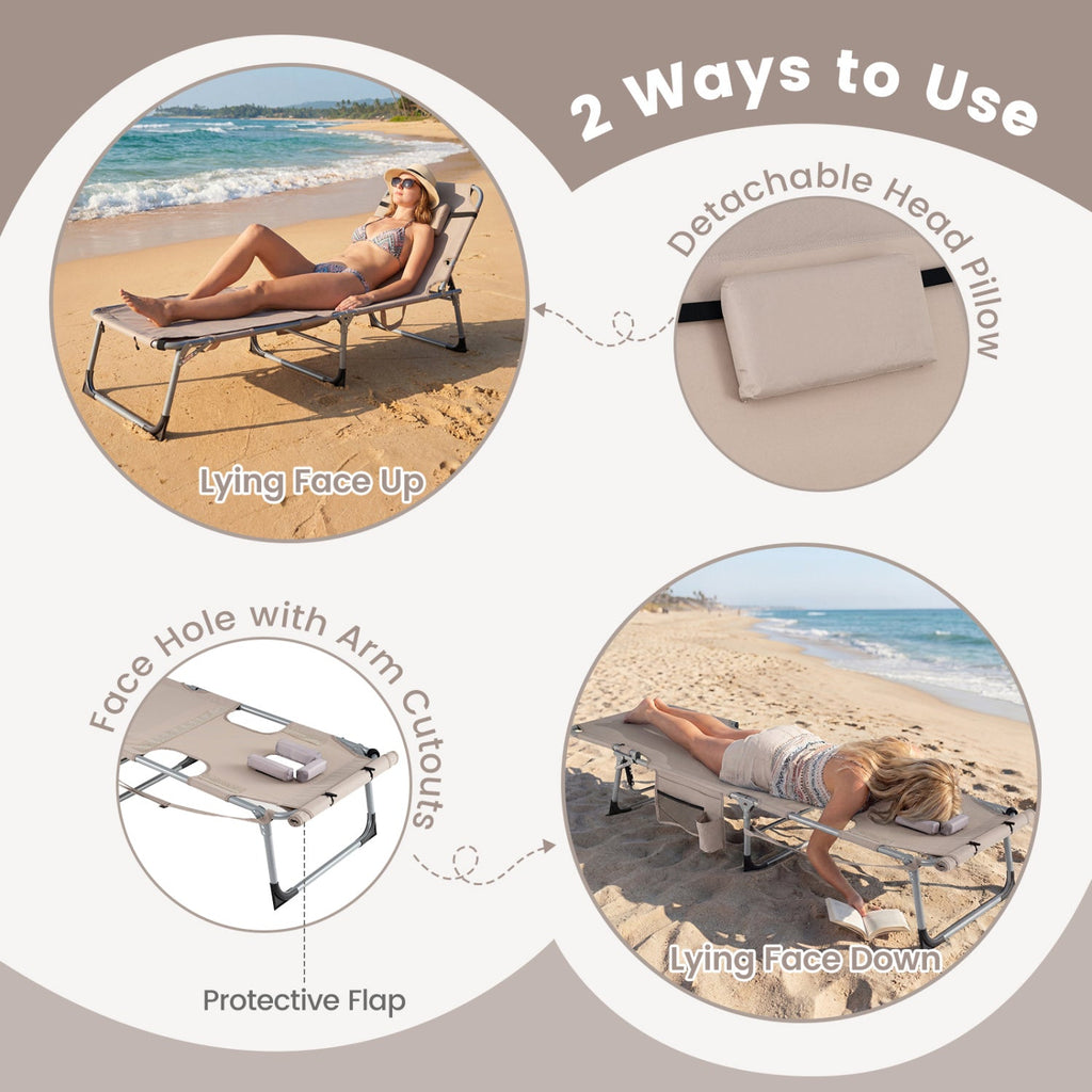 Set of 2 Tanning Chairs with Face Arm Holes Portable with 4-Level Backrest