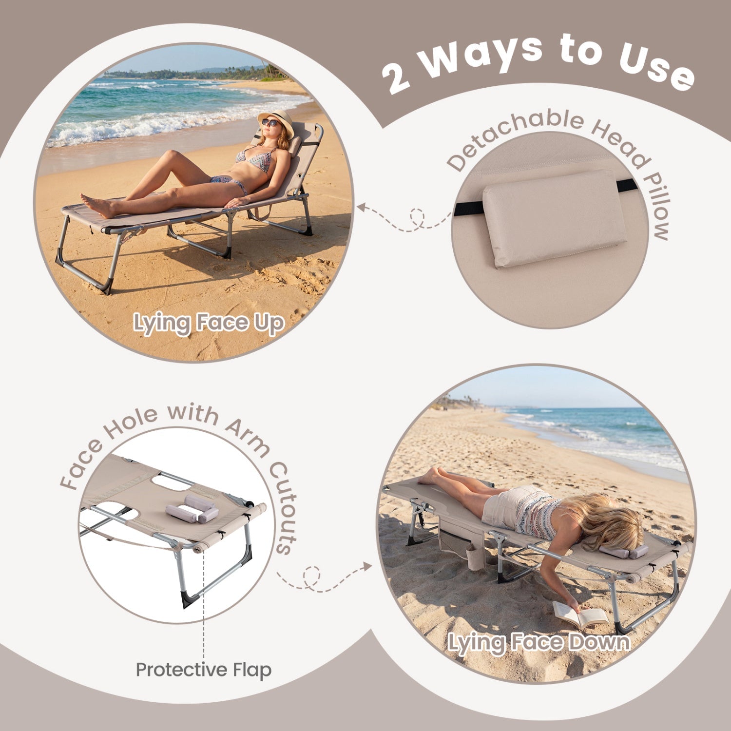 Set of 2 Tanning Chairs with Face Arm Holes Portable with 4-Level Backrest