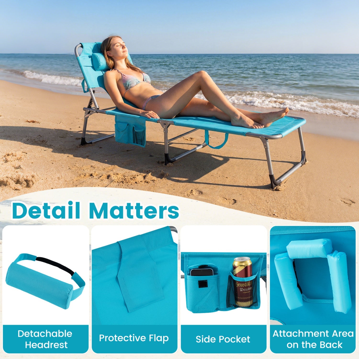 Set of 2 Tanning Chair Portable Chaise Lounge Chair with 4-Position Adjustable Backrest