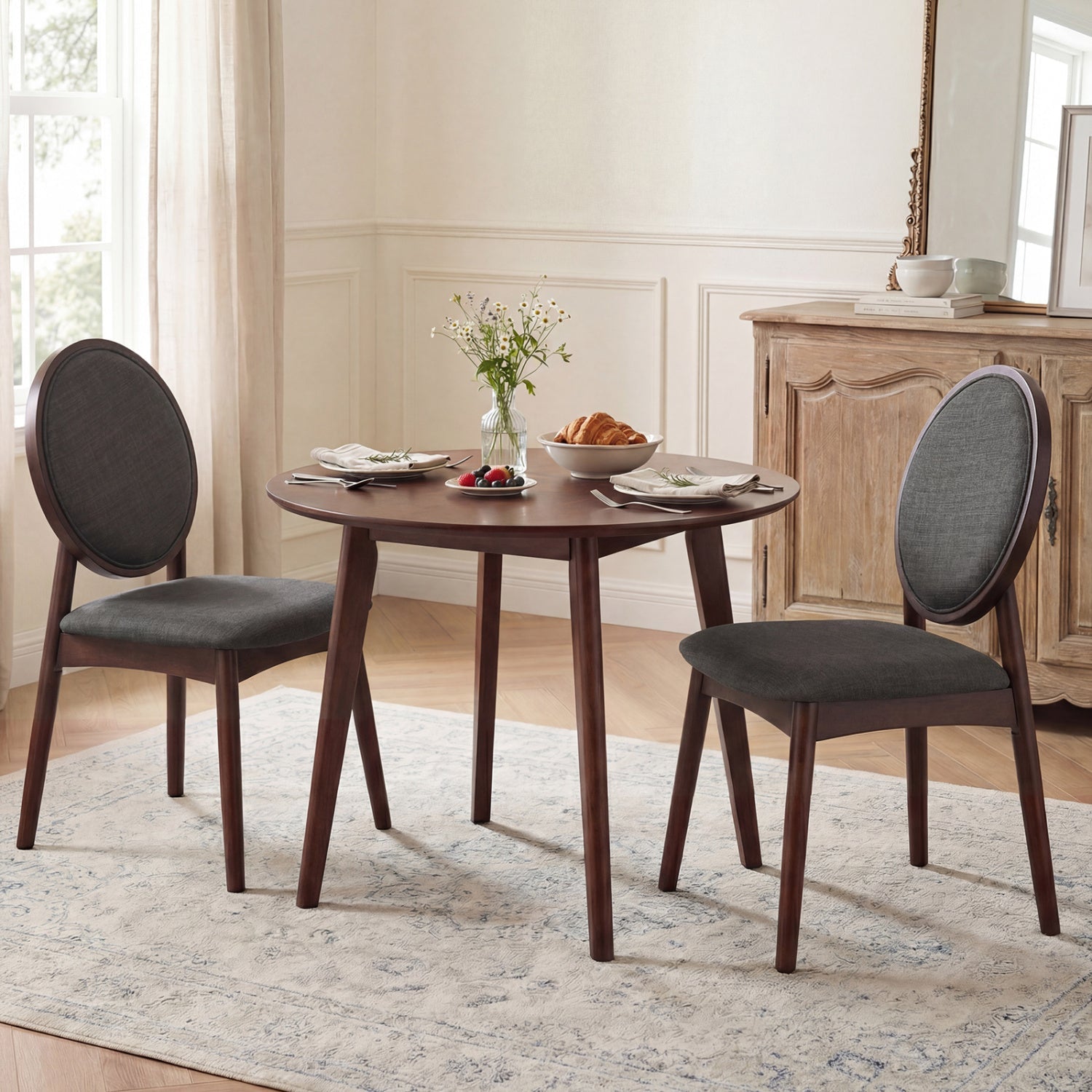 Set of 2 Upholstered Linen Fabric Kitchen Side Chairs with Padded Seat