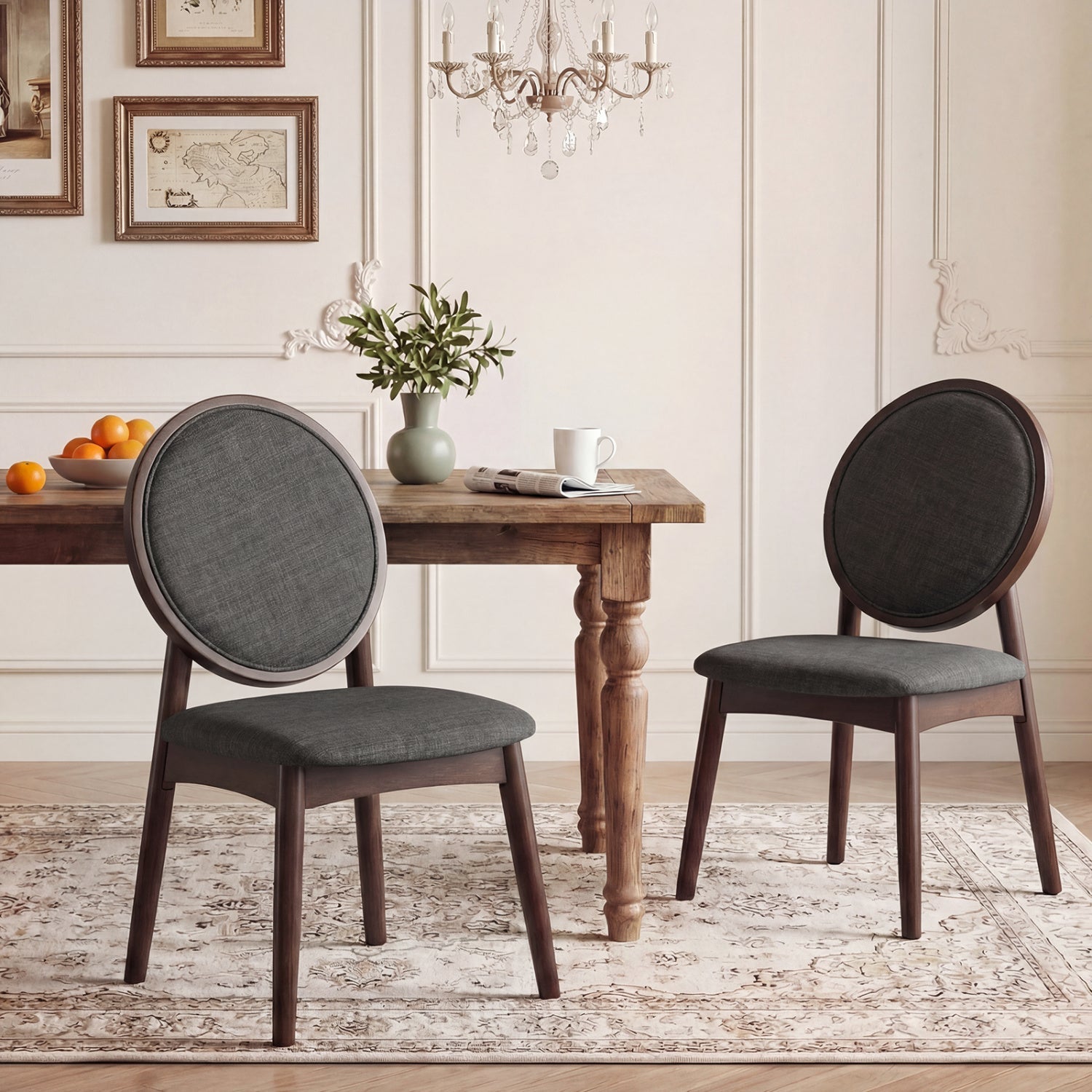 Set of 2 Upholstered Linen Fabric Kitchen Side Chairs with Padded Seat