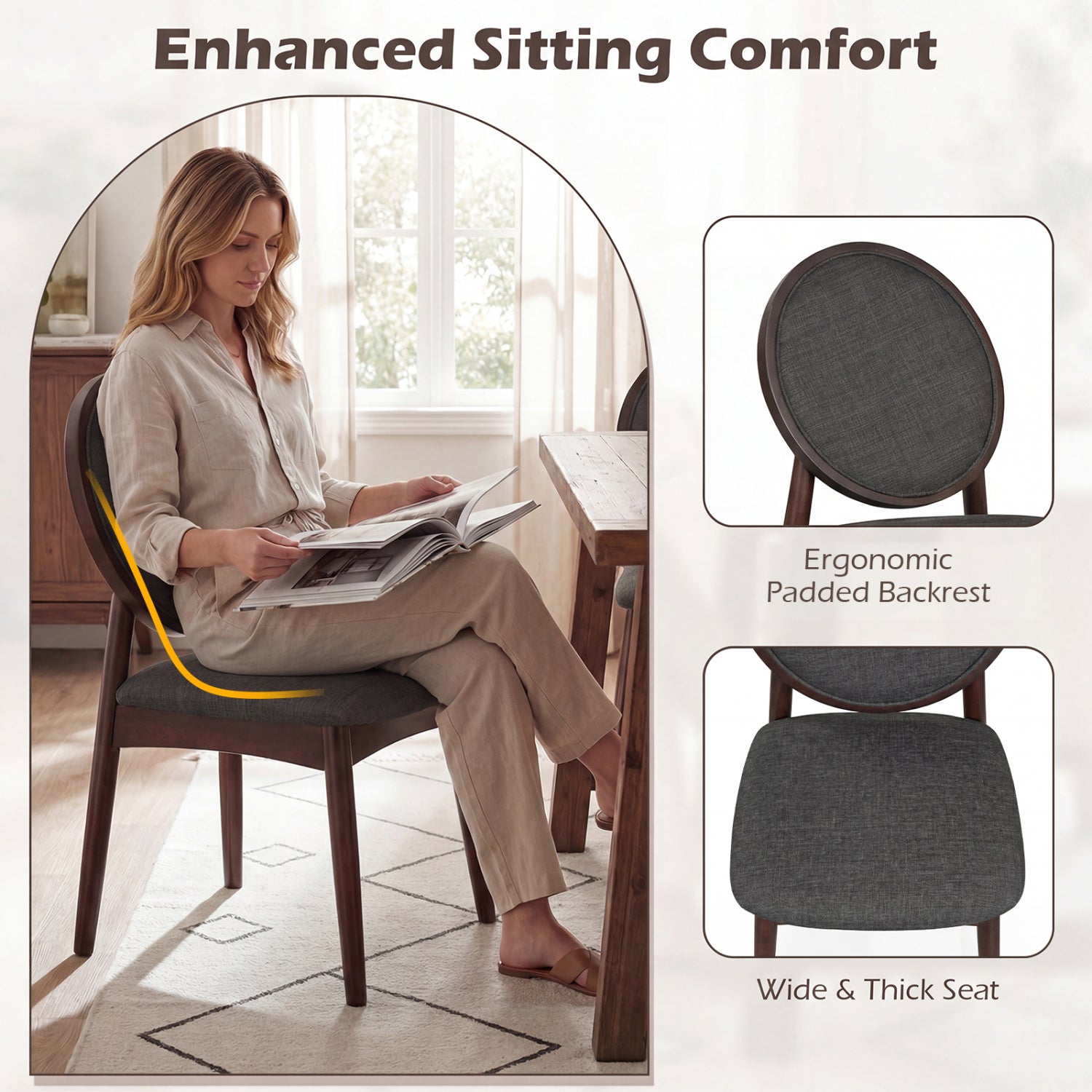 Set of 2 Upholstered Linen Fabric Kitchen Side Chairs with Padded Seat