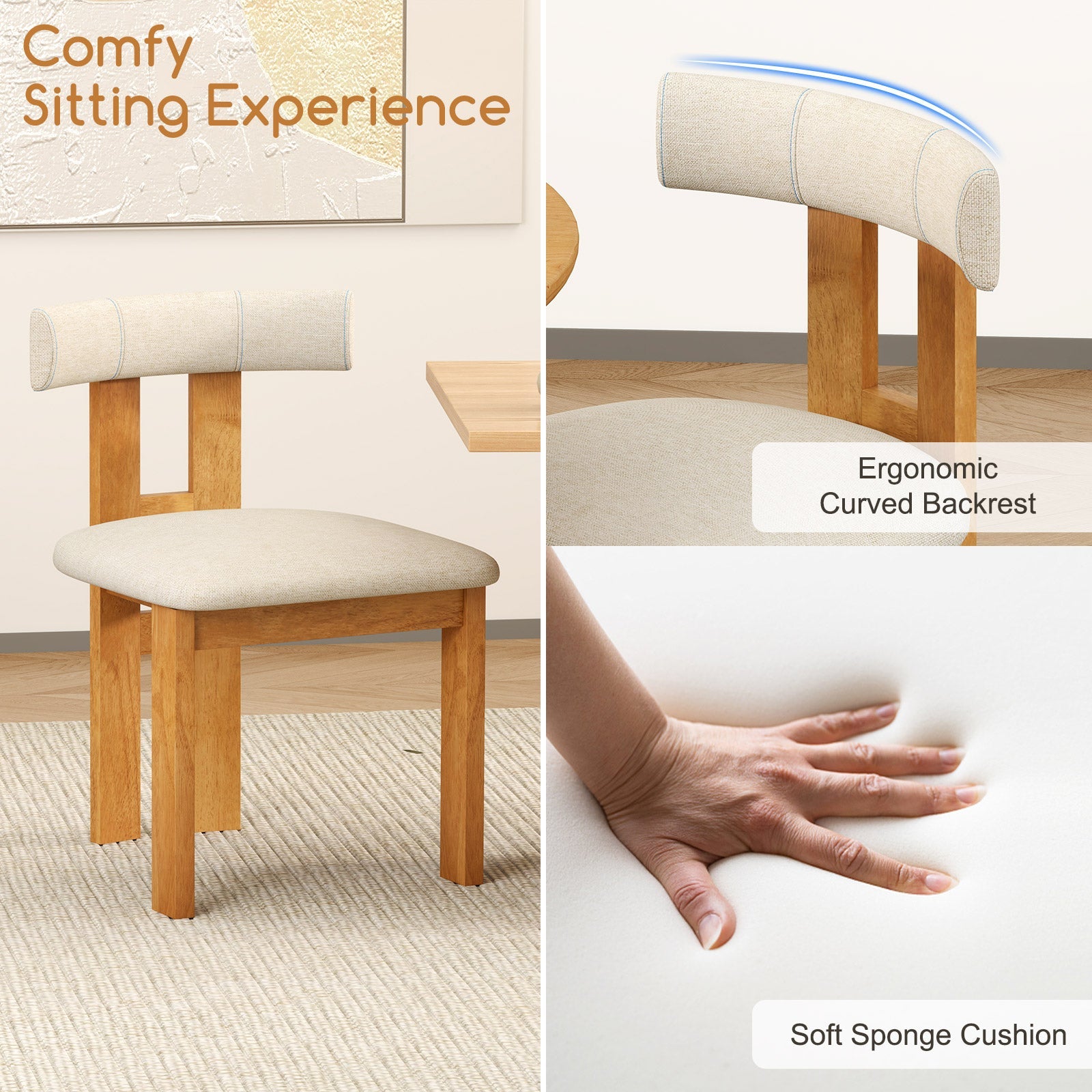 Dining Chair Set of 2 Upholstered Kitchen Chair with Padded Seat-Natural