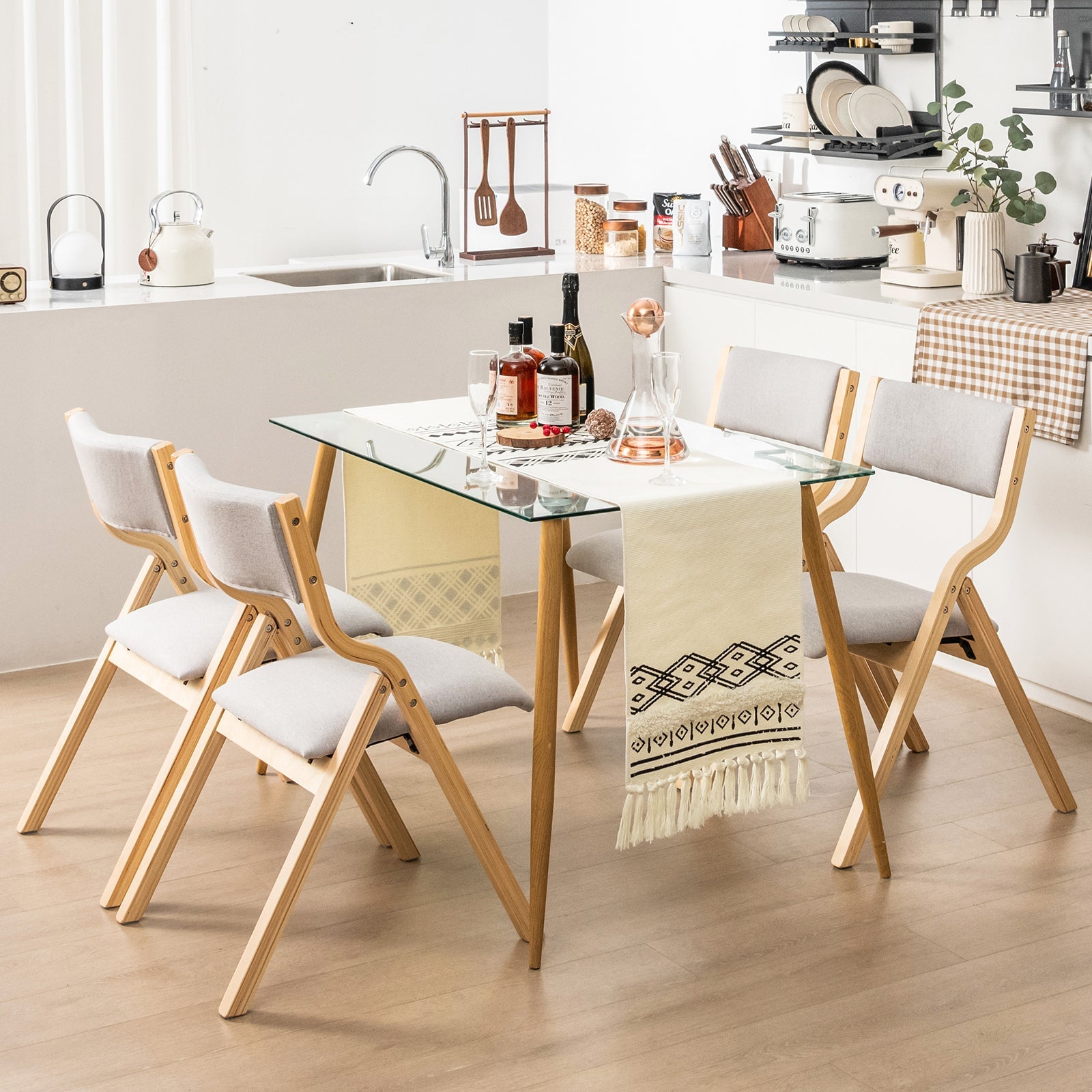 Set of 2 Wooden Folding Dining Chair with Linen Fabric Padded Seat and Backrest