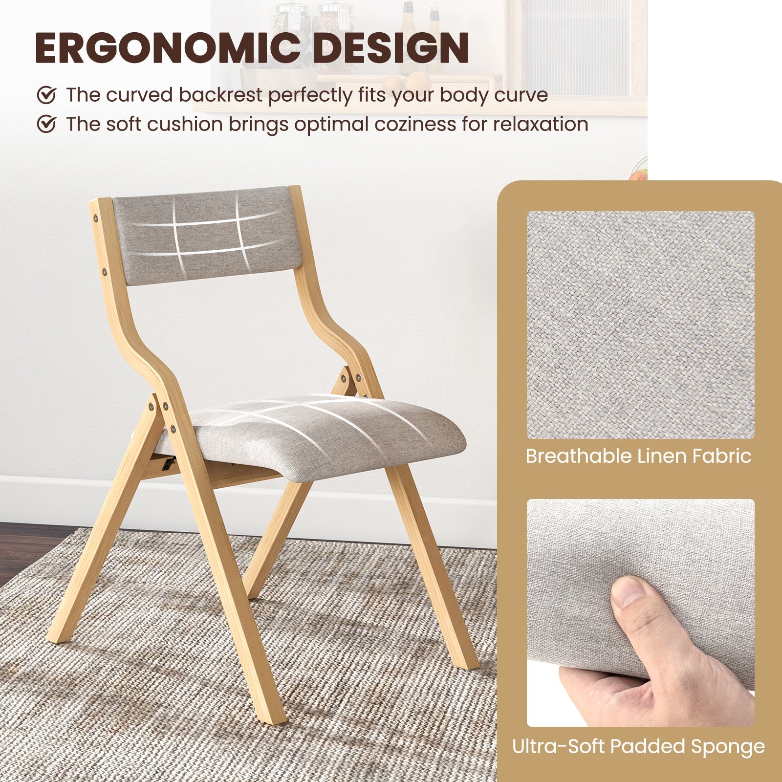 Set of 2 Wooden Folding Dining Chair with Linen Fabric Padded Seat and Backrest