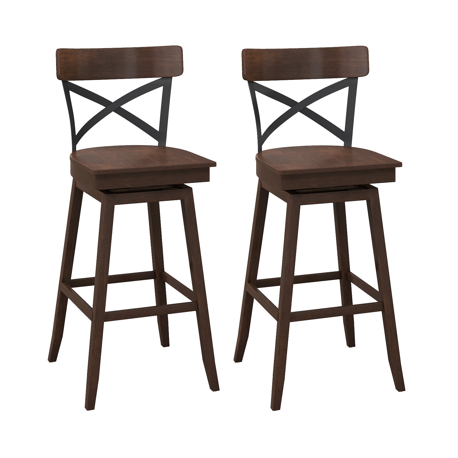 Set of 2 Wooden Swivel Bar Stools with Open X Back and Footrest