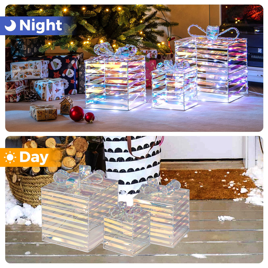 Set of 3 Christmas Lighted Gift Boxes with Bows and Plug