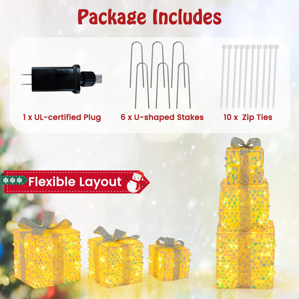 Set of 3 Christmas Lighted Gift Boxes with Pre-lit 90 LED Light and Bows