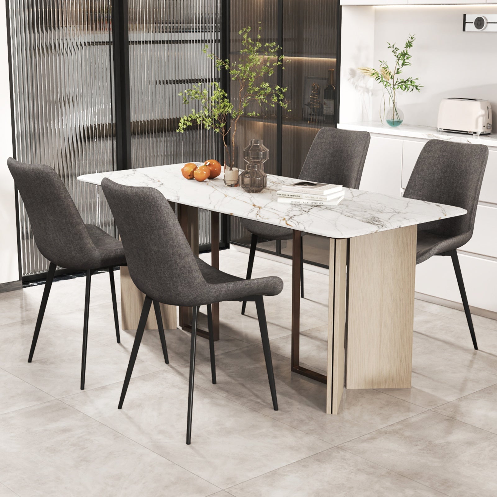 Set of 4 Dining Chair Upholstered with Metal Legs and Padded Backs