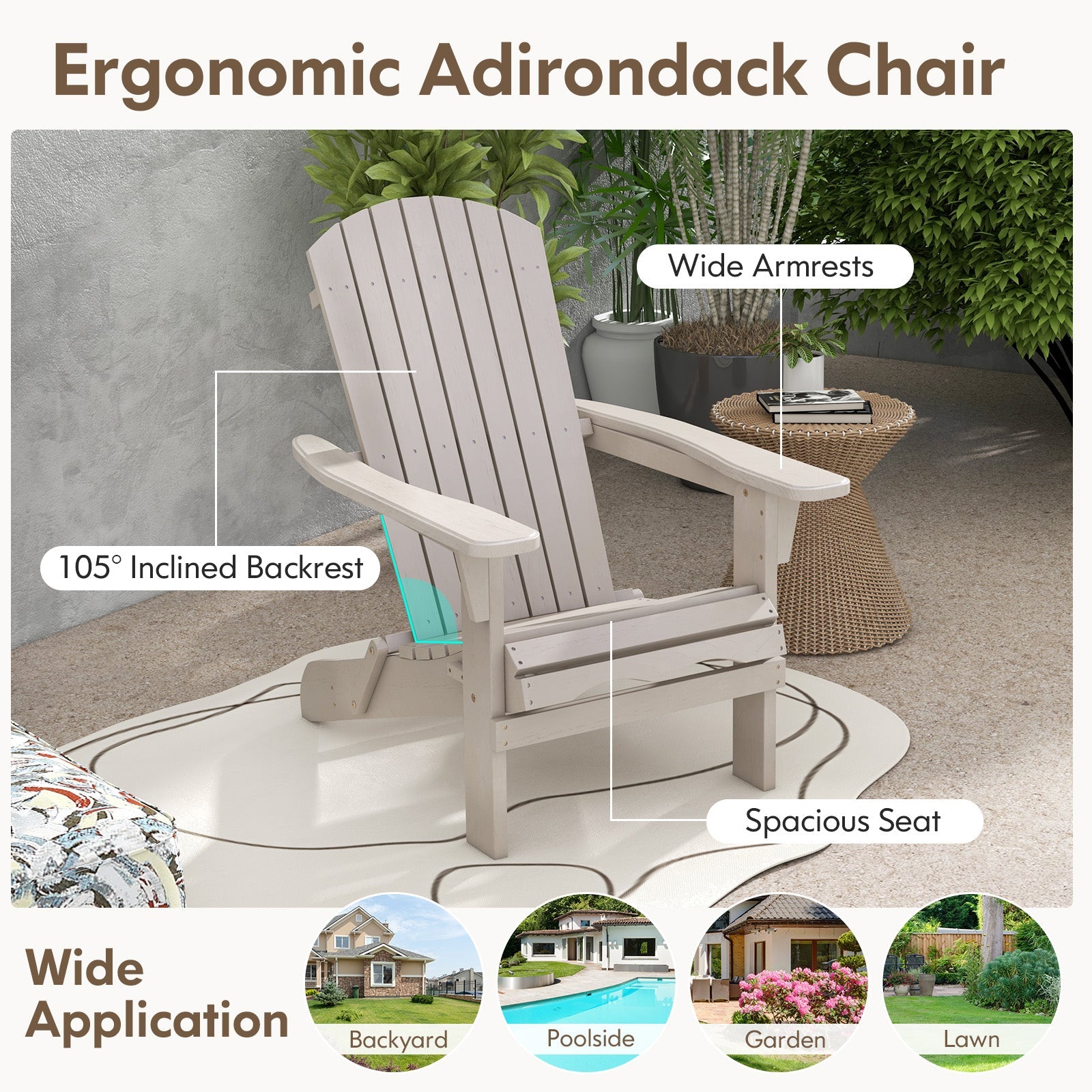 Folding Adirondack Chair Set of 2 with High Backrest and Wide Armrests
