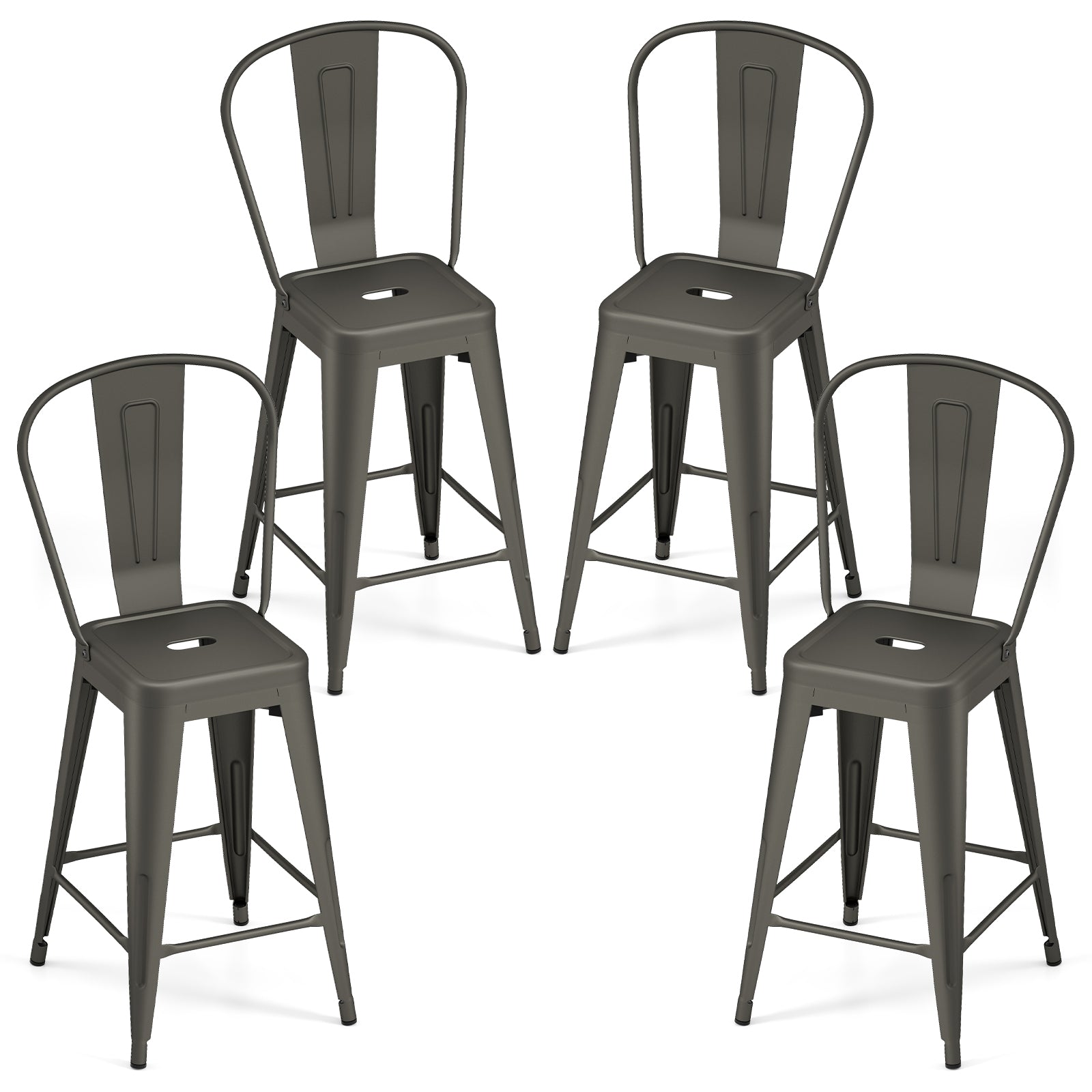Set of 4 Metal Bar Stools with Backrests and Footrests
