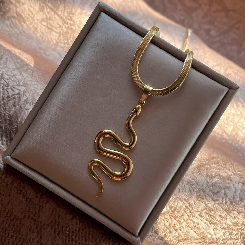 Flat Snake Chain Snake Pendant Necklace | Stainless Steel Choker Jewelry for Women
