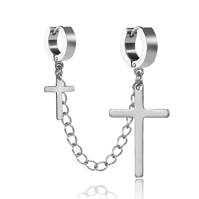 Fashion Punk Cross Pendant Clip Earring | Unisex Metal Chain Tassel Ear Cuff