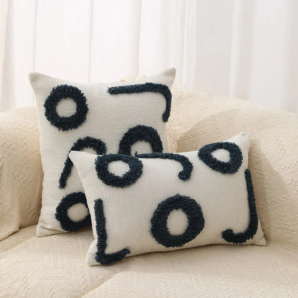 DecorBites™ Geometric Chenille Embroidered Pillow Covers Boho Moroccan Style Decor