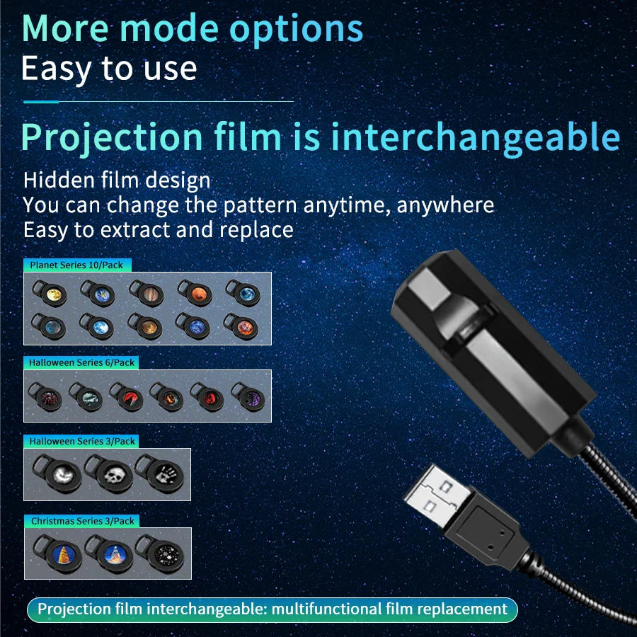 USB Projection Lamp with Switchable Pattern Design | LED Night Light for Christmas Halloween Planet Theme