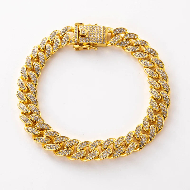 Gold Tone Stainless Steel Cuban Chain Dog Collar | Diamond Inlaid Hip Hop Pet Jewelry