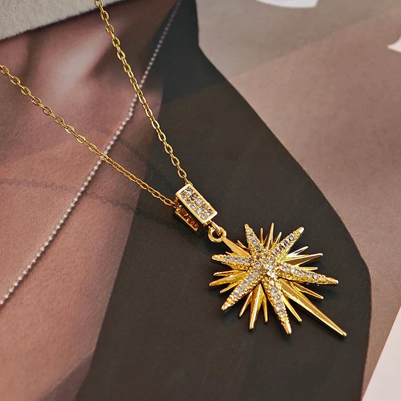 316L Stainless Steel Star Pendant Necklace | Shiny Zircon Jewelry for Women