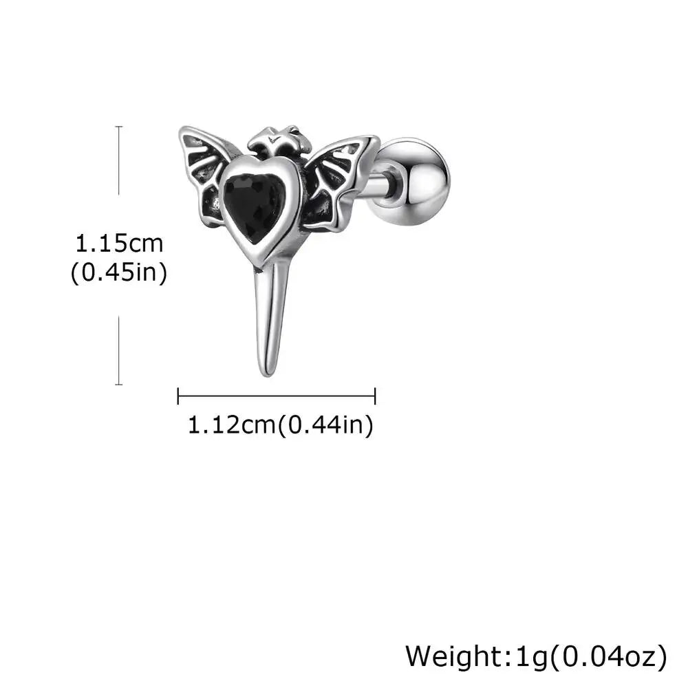 Stainless Steel Heart Zircon Wings Stud Earrings | Unisex Vintage Punk Gothic Jewelry