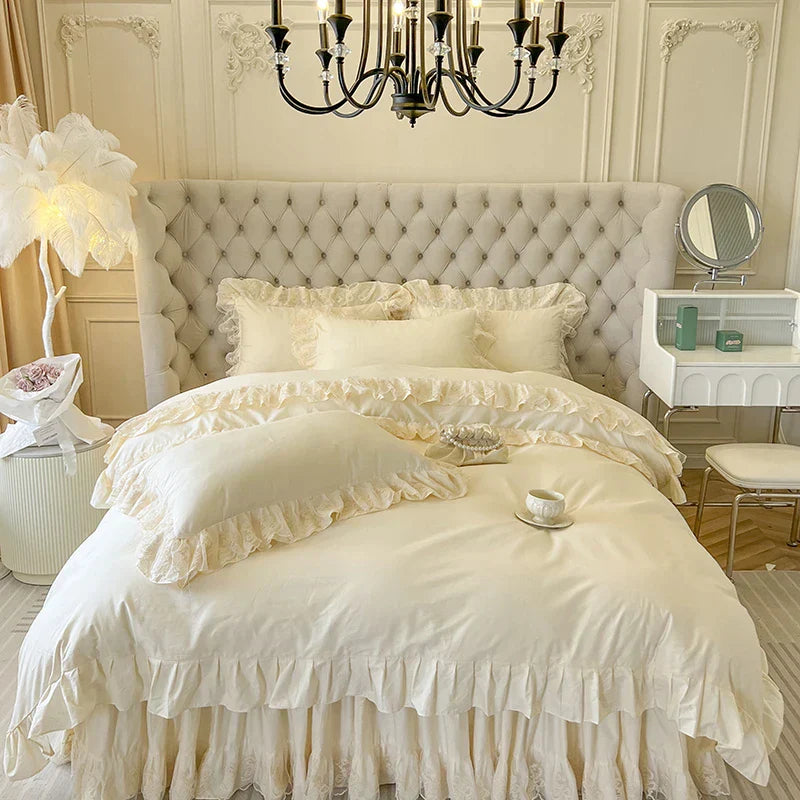 DecorBites™ Korean Princess Lace Ruffles Bedding Set in Bean Paste Pink