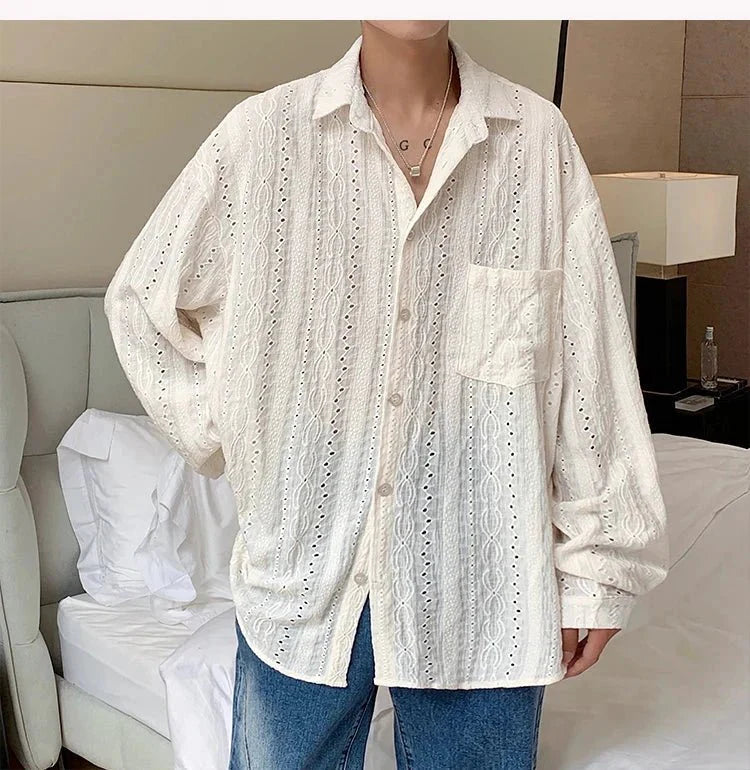 Shirts for men Apricot Handsome Lapel Men Blouse Vacation Hollow Out Sexy Fashion Men Clothing Male Mesh Long-sleeved Shirts