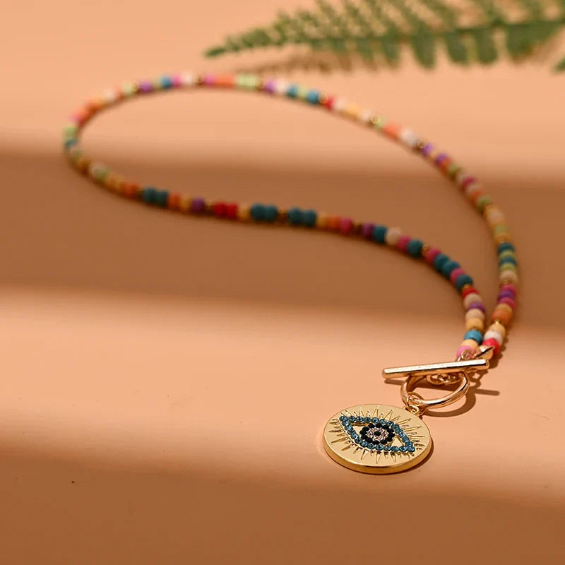 Colorful Stone Choker Necklace | Round Evil Charm Pendant for Women