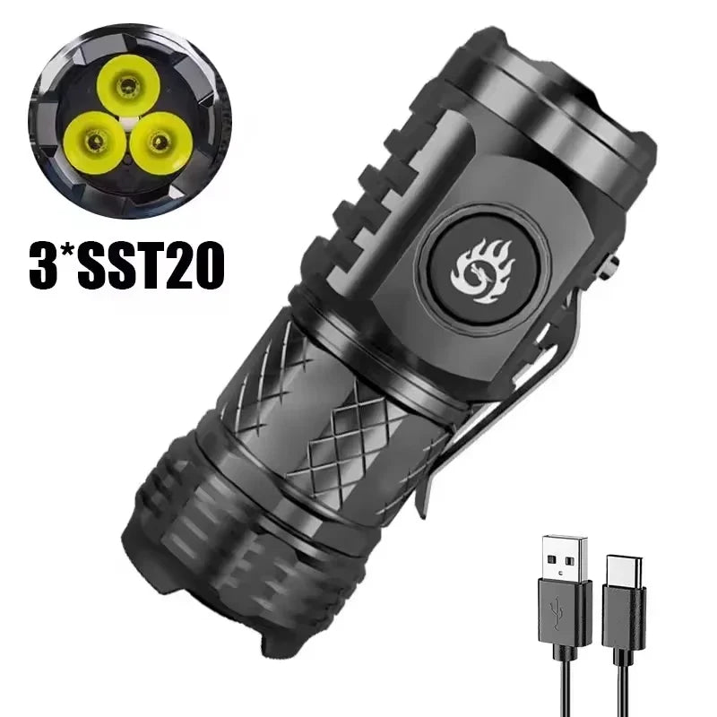 Mini Tactical Torch Super Bright 3 LED Flashlight | Type-C Rechargeable Camping Light