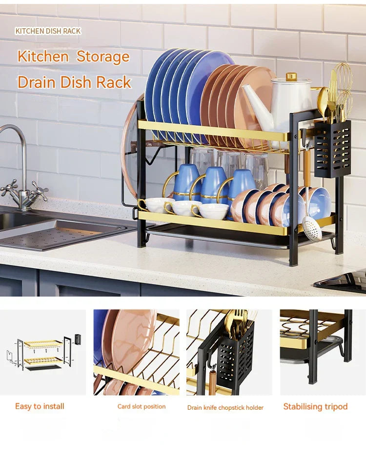 DecorBites™ 2 Tier Kitchen Dish Rack Drainer Plate Storage Organizer Drainboard