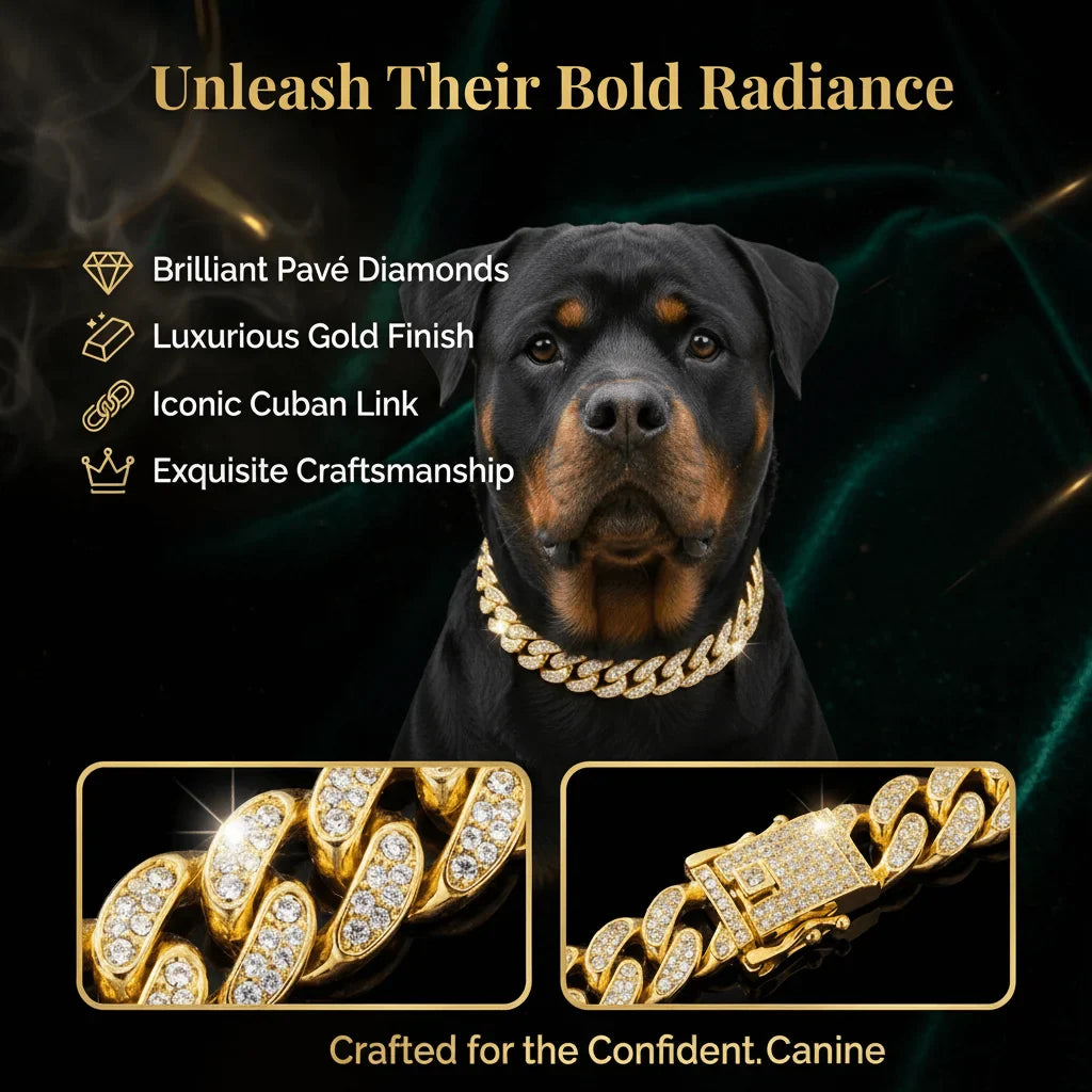 Gold Tone Stainless Steel Cuban Chain Dog Collar | Diamond Inlaid Hip Hop Pet Jewelry