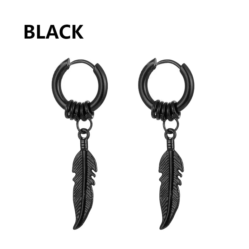 Black Stainless Steel Hoop Earrings with Cross Pendant | Unisex Punk Jewelry