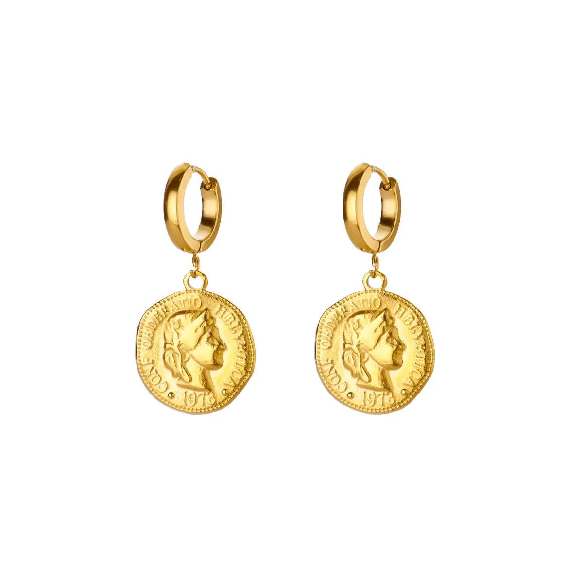 18K Gold Plated Portrait Coin Earrings | Stainless Steel Jesus Cross Dangle Huggie Earrings