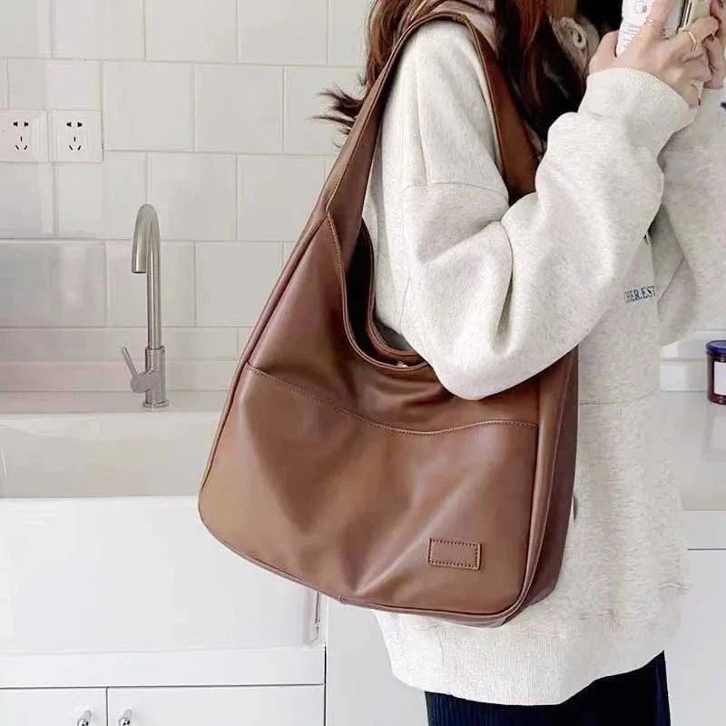 Large Capacity Black Leather Tote Bag – Women’s Casual Shoulder Bag