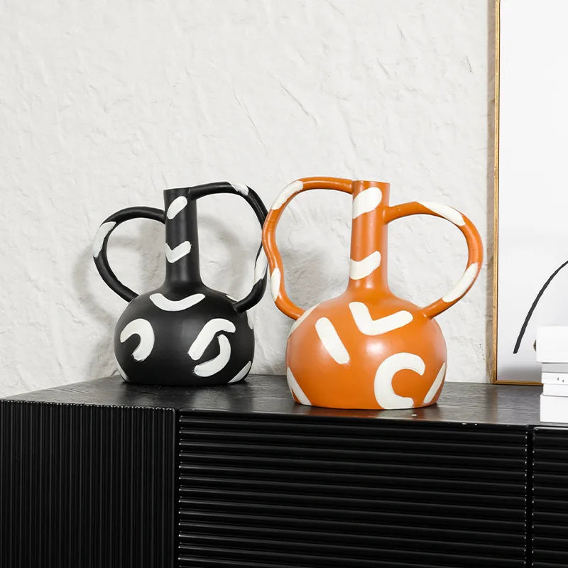 DecorBites™ Geometric Striped Vase with Abstract Handle for Home Decoration